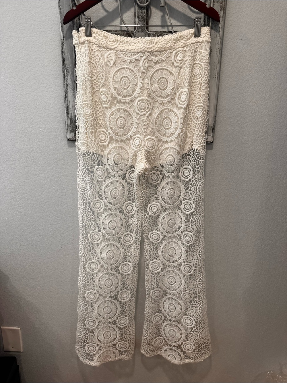 bebe Cream Crochet Wide-Leg Pants